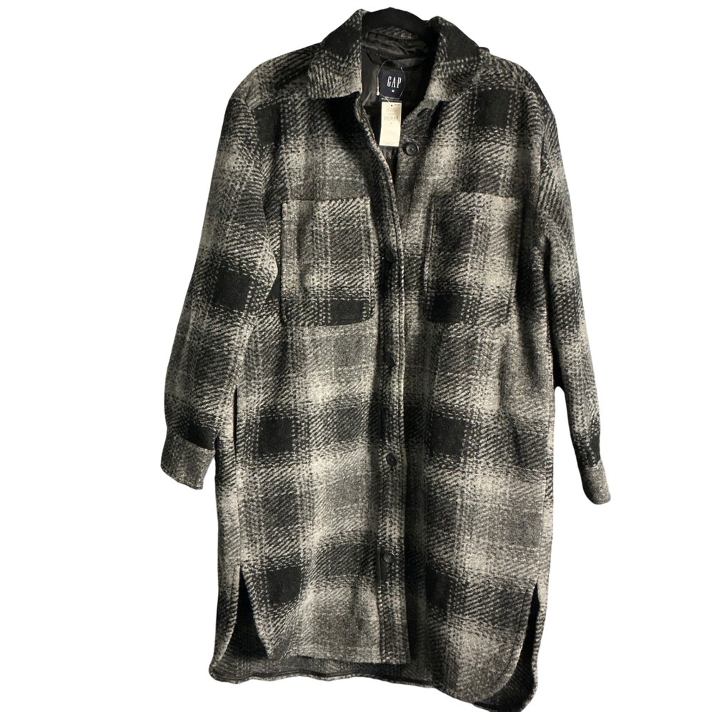 GAP Black and Gray Plaid Long Trench Coat